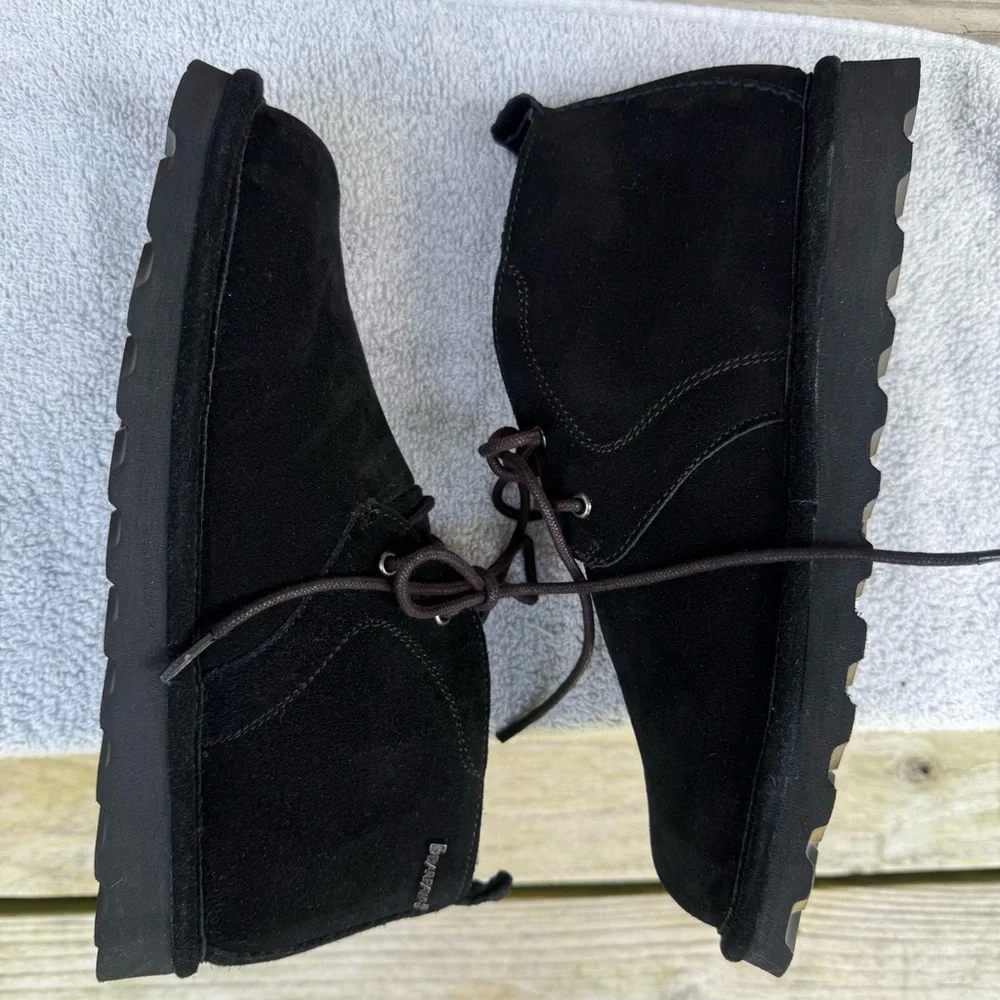 Bearpaw Suede Skye Chukka Boots Black Wool Fur Lined Lace Up Flats